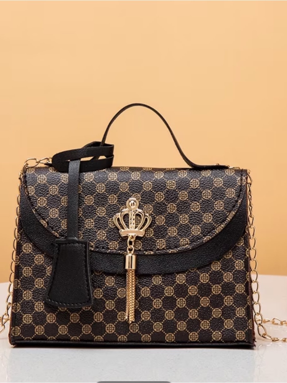 Black and Brown Patterned Top-Handle Women's Bag with Gold Tassel